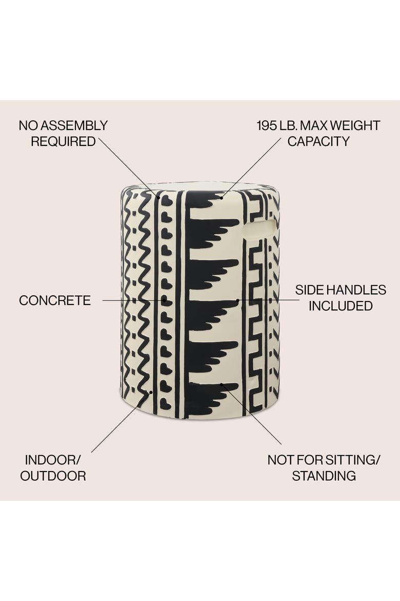 Yoli Bohemian Geometric Concrete Outdoor Garden Stool with Handles, Weatherproof Drum Accent Side Table for Patio & Deck, Alternate, color, Black/Cream