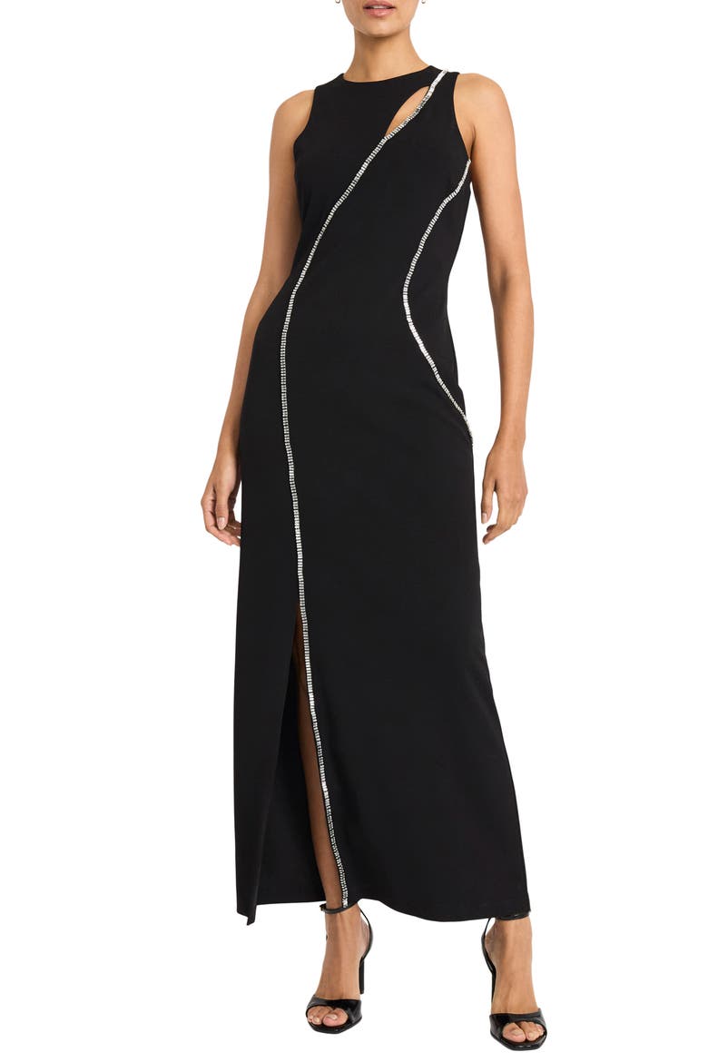 Embellished Trim Sleeveless Gown, Main, color, BLACK