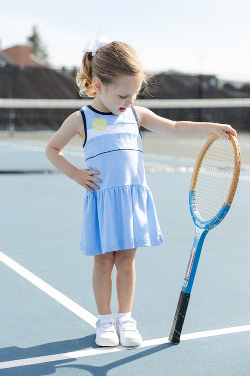 Florence Eiseman Girl's Tennis Ball And Net Embroidered Knit Dress In Light Blue