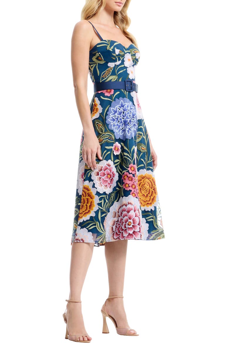 Dress the Population Carlita Belted Floral Embroidered Midi Cocktail Dress, Alternate, color, Navy Multi
