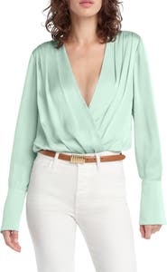 Favorite Daughter Surplice Long Sleeve Satin Bodysuit