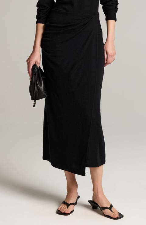 Ruched Wool Blend Knit Midi Skirt