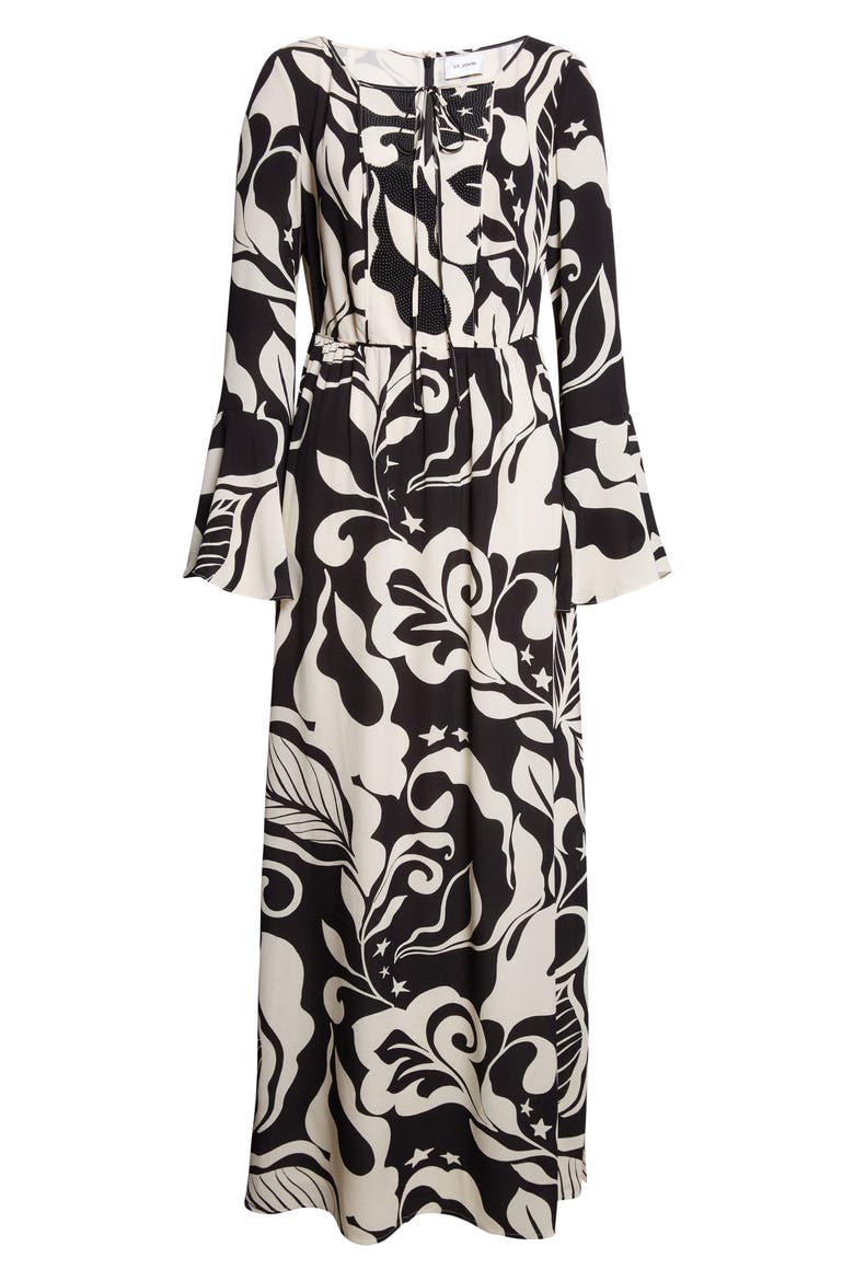 Harlow Leaf Print Long Sleeve Silk Maxi Dress, Alternate, color, ECRU/ BLACK MULTI
