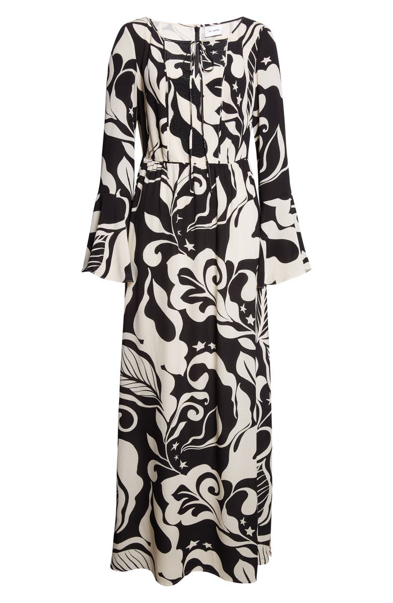 ST. JOHN Harlow Leaf Print Long Sleeve Silk Maxi Dress, Alternate, color, Ecru/ Black Multi