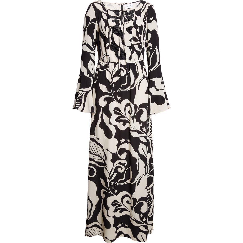 St John St. John Collection Harlow Leaf Print Long Sleeve Silk Maxi Dress In Multi