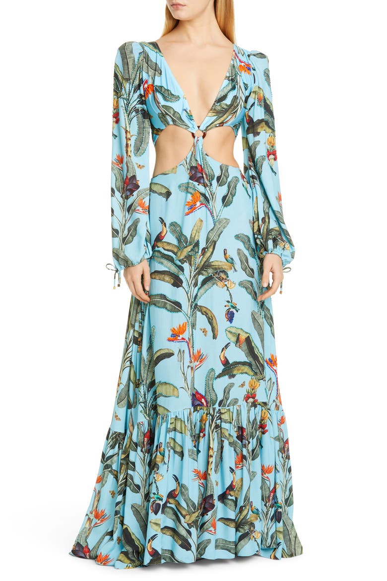 Tropical Long Sleeve Cutout Gown, Main, color, CERULEAN