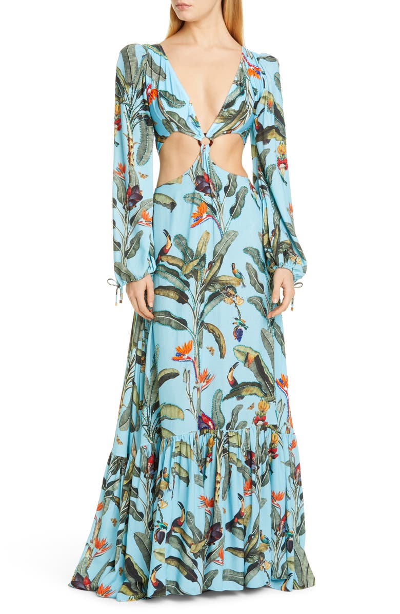 PatBO Tropical Long Sleeve Cutout Gown, Main, color,