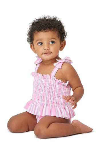 Habitual Kids Stripe Smocked One-piece Swimsuit In Pink