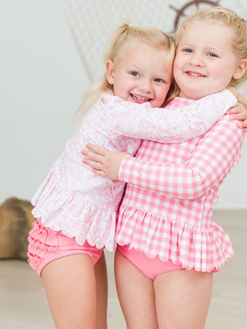 Rufflebutts Girls Upf50+ Sun Protected Scallop Hem Long Sleeve Rash Guard Bikini In By The Seaside
