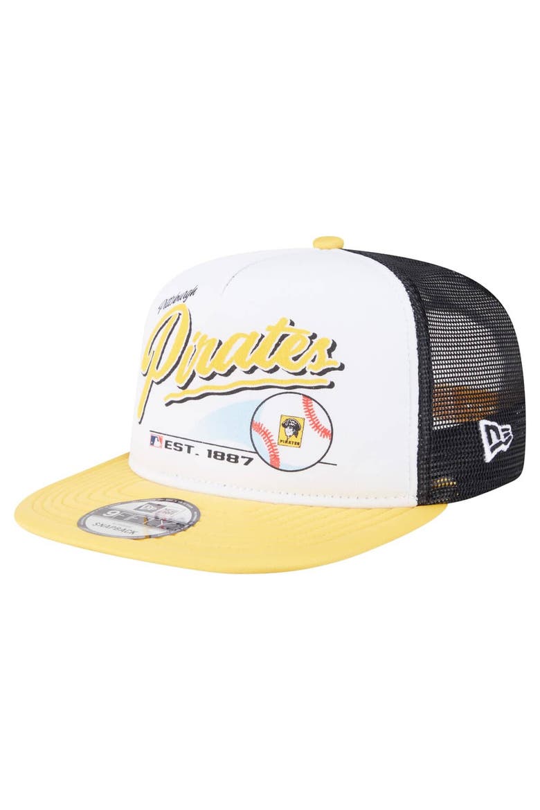 Men's New Era White/Gold Pittsburgh Pirates Retro Script Trucker 9FIFTY Snapback Hat, Main, color, White
