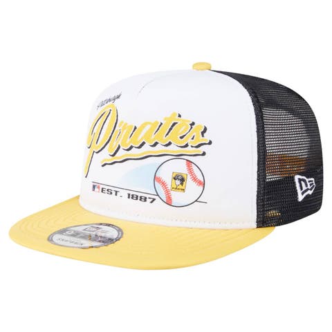 Men's New Era White/Gold Pittsburgh Pirates Retro Script Trucker 9FIFTY Snapback Hat