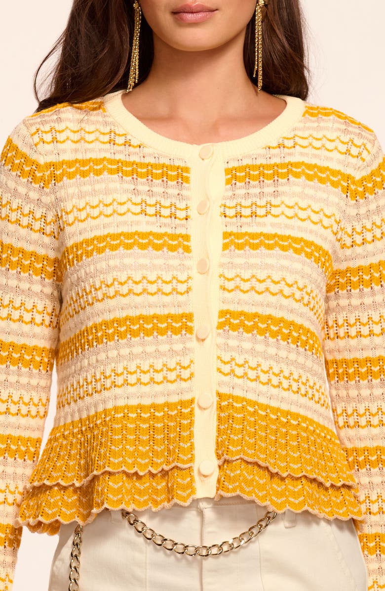 Ramy Brook Brit Metallic Stripe Flounce Detail Cotton Blend Cardigan, Alternate, color, Marigold Combo Stripe