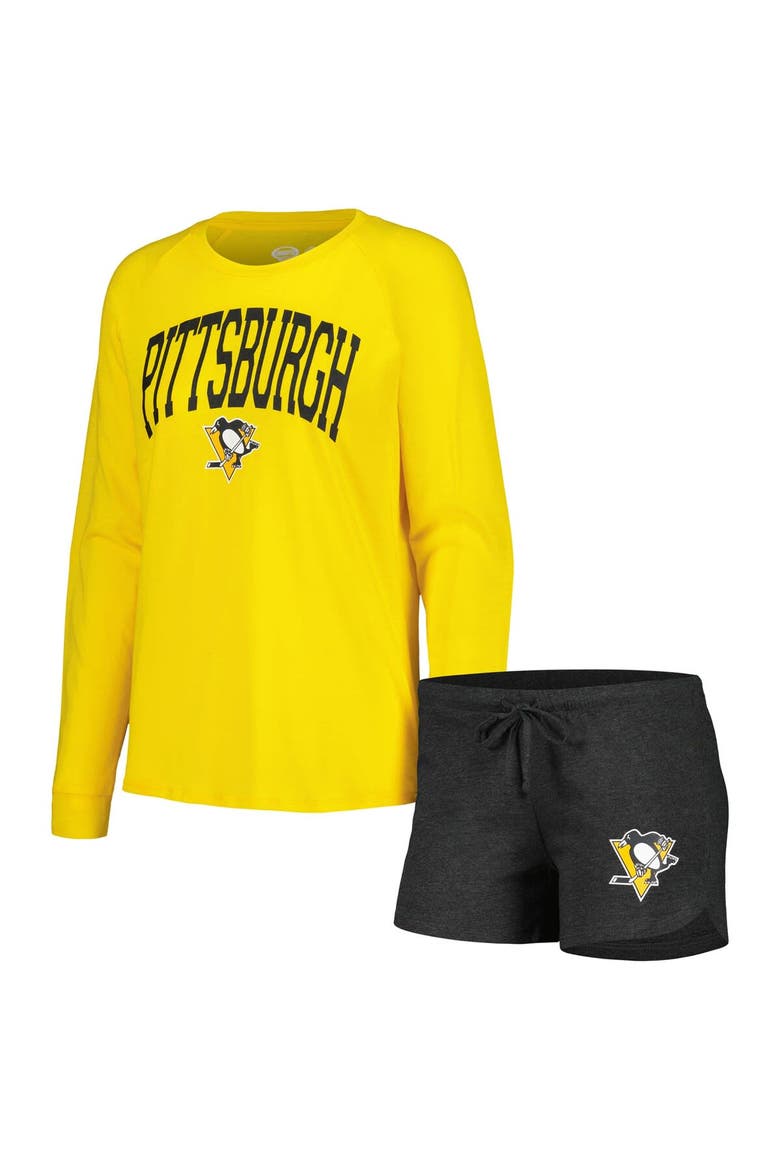 Women's Concepts Sport Black/Gold Pittsburgh Penguins Meter Knit Long Sleeve Raglan Top & Shorts Sleep Set, Main, color, Black