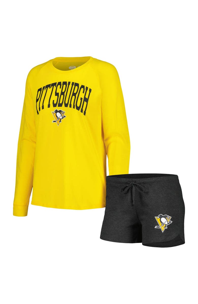 CONCEPTS SPORT Women's Concepts Sport Black/Gold Pittsburgh Penguins Meter Knit Long Sleeve Raglan Top & Shorts Sleep Set, Main, color,