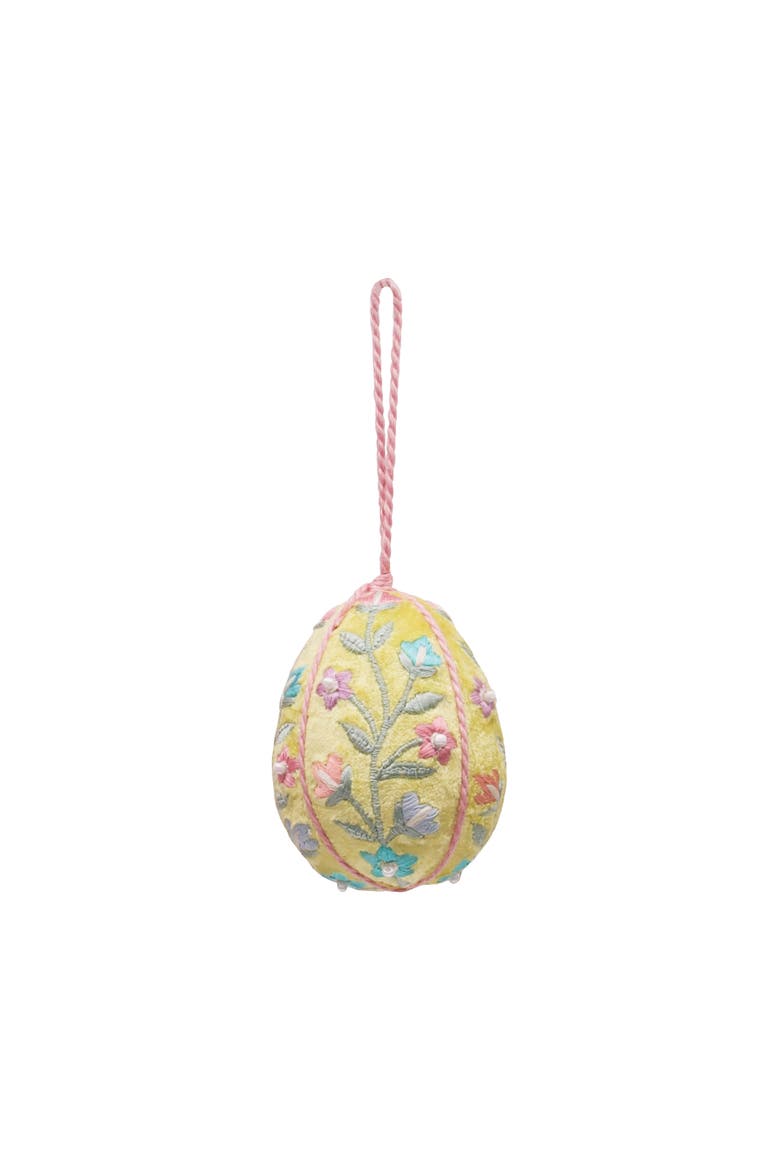 Yellow Vintage Velvet Floral Hanging Easter Egg Ornament 3.5", Main, color, Yellow