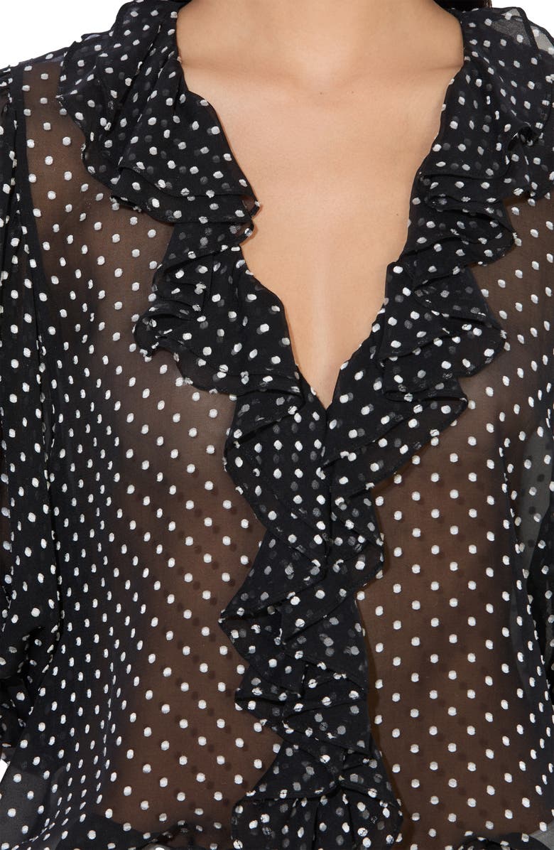 Alice + Olivia Betsie Clip Dot Ruffle Sheer Silk Blend Top, Alternate, color, Black/ Off White Polka Dot