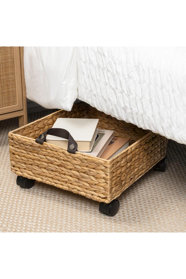 Adaline Classic Farmhouse Hand-Woven Hyacinth Rectangular Underbed Storage Bin with Wheels and Handles, Alternate, color, Natural