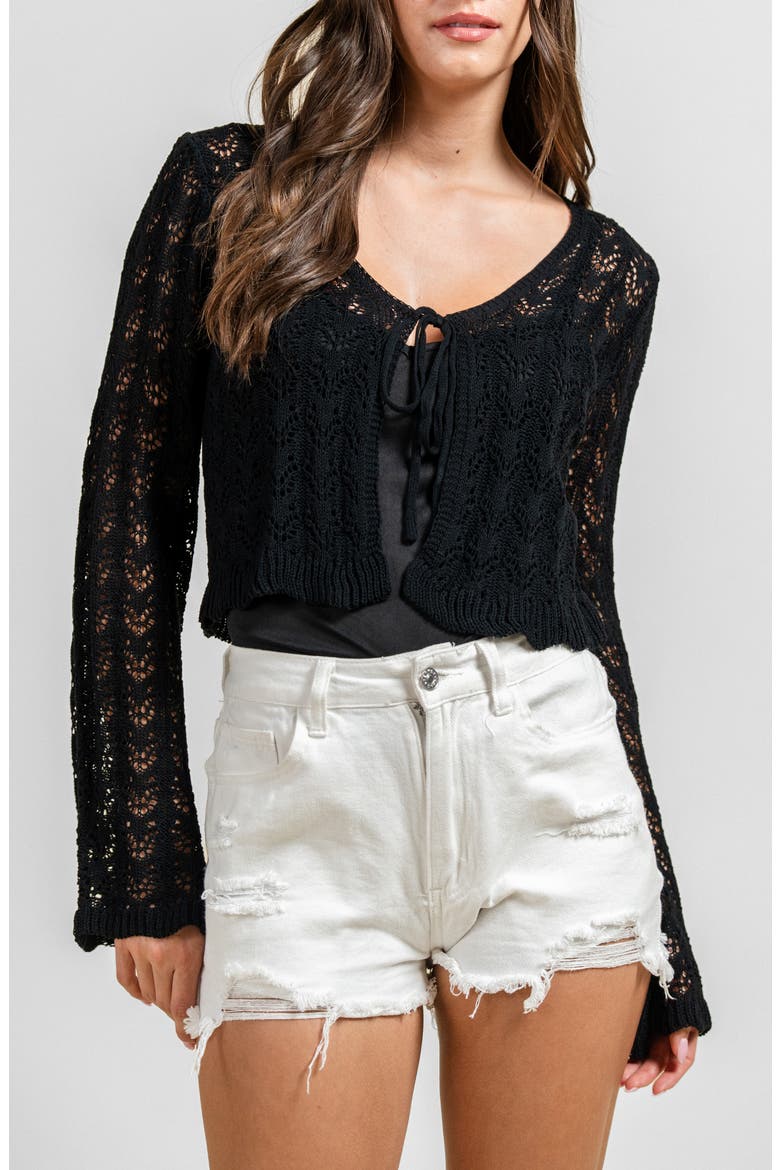 Openwork Cropped Cardigan, Main, color, BLACK