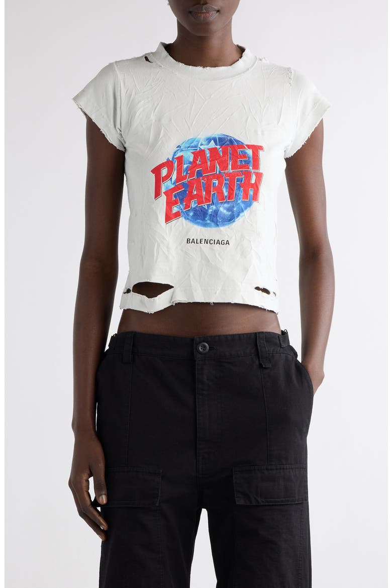 Balenciaga Planet Earth Distressed Crop Stretch Cotton Graphic T