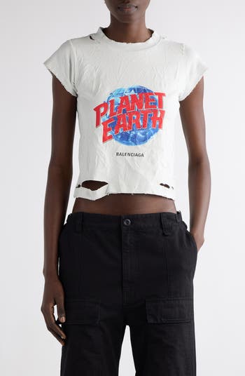 Balenciaga Planet Earth Distressed Crop Stretch Cotton