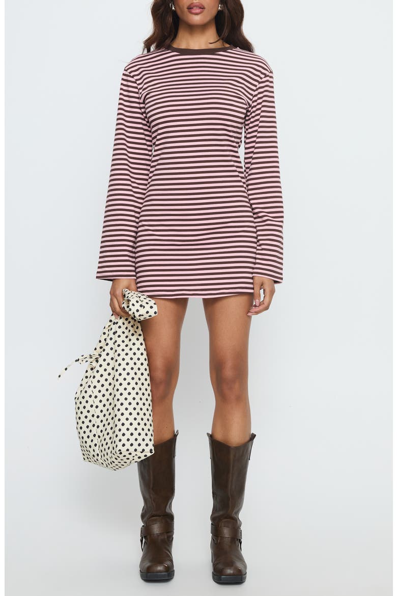 Lulolah Stripe Long Sleeve T-Shirt Minidress, Main, color, CHOCOLATE / PINK STRIPE