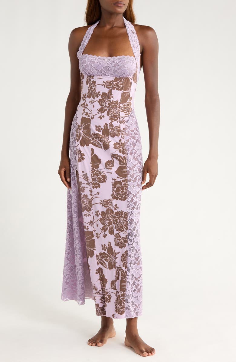 Free People Love You Most Print Lace Halter Maxi Dress, Main, color, Lavender Combo