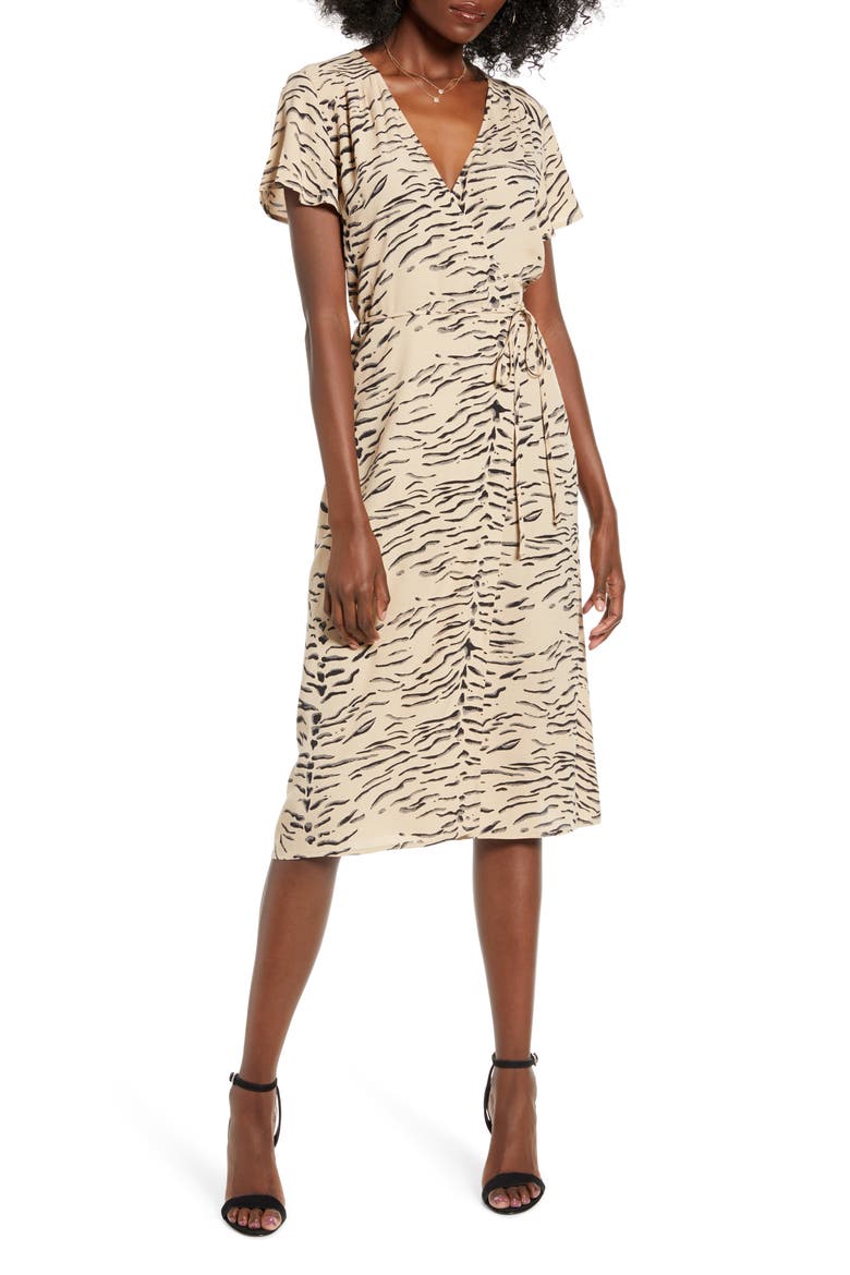 Print Flutter Sleeve Wrap Dress, Main, color, TAN TAUPE DISAPPEARING ANML