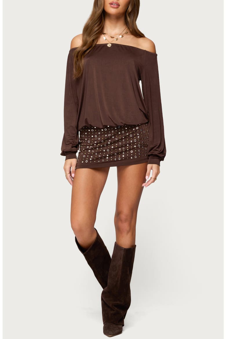 Stud Off the Shoulder Long Sleeve Backless Minidress, Main, color, BROWN