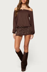 EDIKTED Stud Off the Shoulder Long Sleeve Backless Minidress