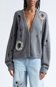 Area Distressed Crystal Cotton & Cashmere Cardigan