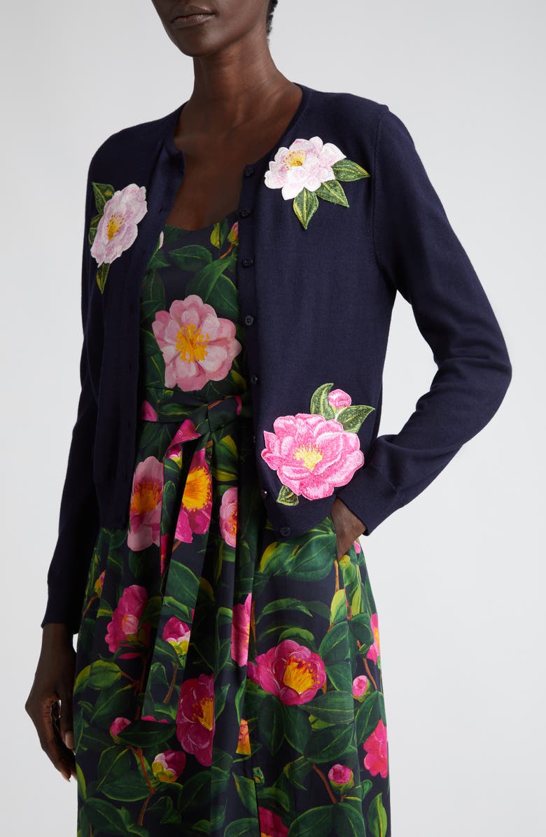 Oscar de la Renta Camellia Embroidered Virgin Wool Cardigan, Alternate, color, 
