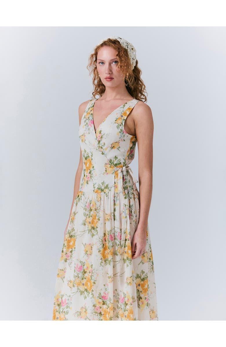 Ghost London Julia Cotton Floral Midi Wrap Dress, Alternate, color, Yellow Floral