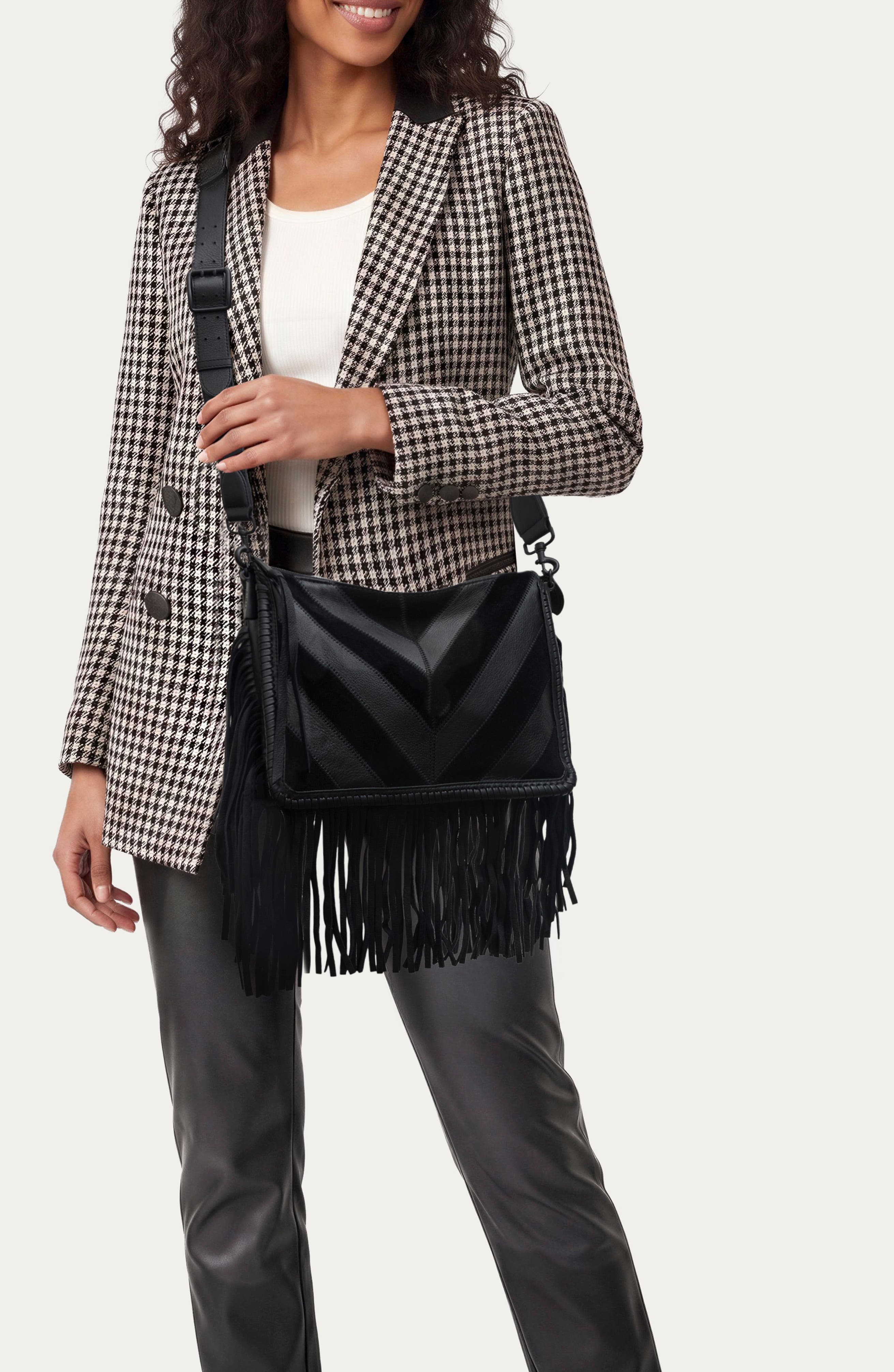Famous Fringe Large Leather Crossbody, Alternate, color, BLACK CHEVRON