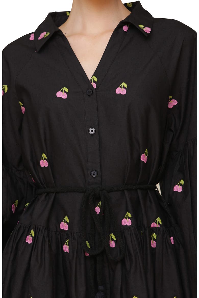 Embroidered Tie Waist Long Sleeve Minidress, Alternate, color, BLACK