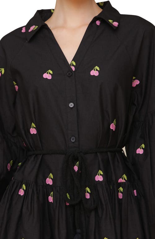 Avec Les Filles Embroidered Tie Waist Long Sleeve Minidress In Black
