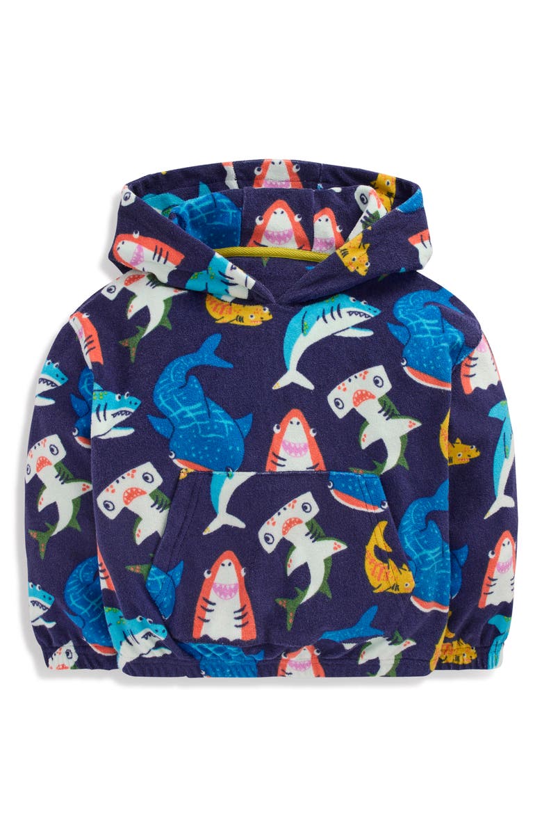 Mini Boden Kids' Shark Terry Hoodie, Main, color, Navy Sharks