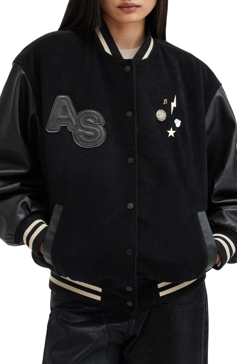 AllSaints Valeria Cashmere Blend Varsity Jacket, Main, color, 