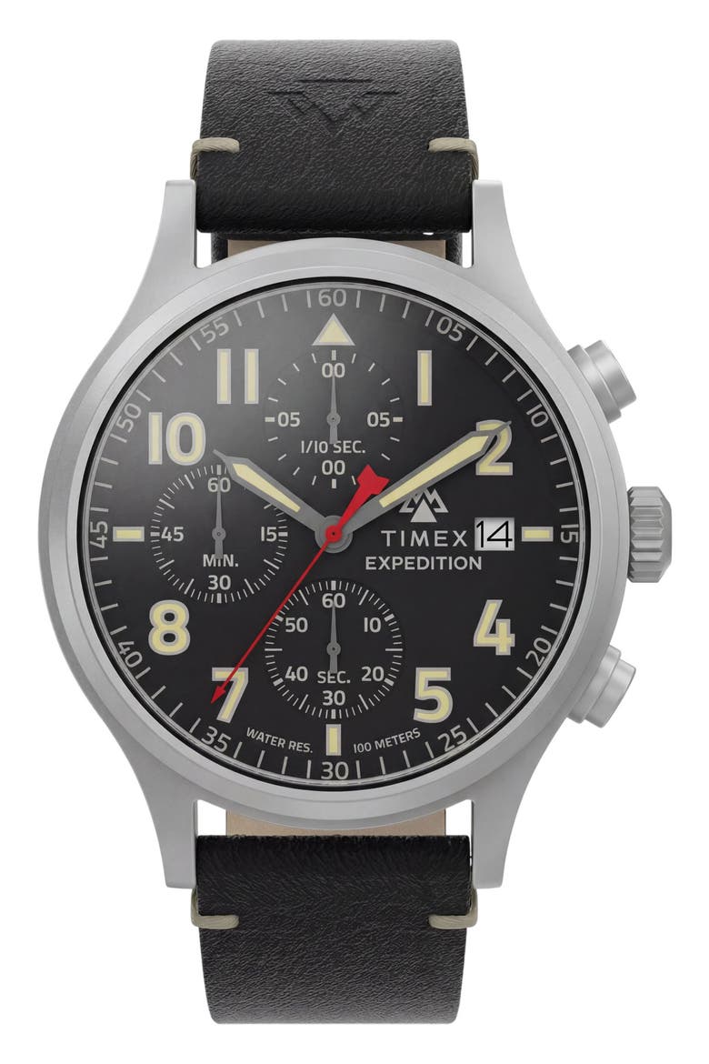Expedition Sierra Chronograph Leather Strap Watch, Main, color, BLACK