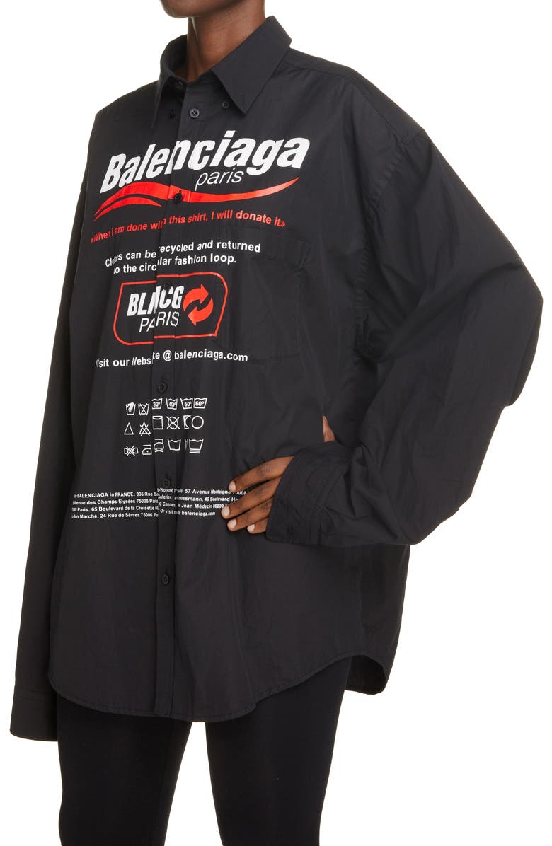 Balenciaga Dry Cleaning Logo Oversize Poplin Button-Down Shirt, Alternate, color, 