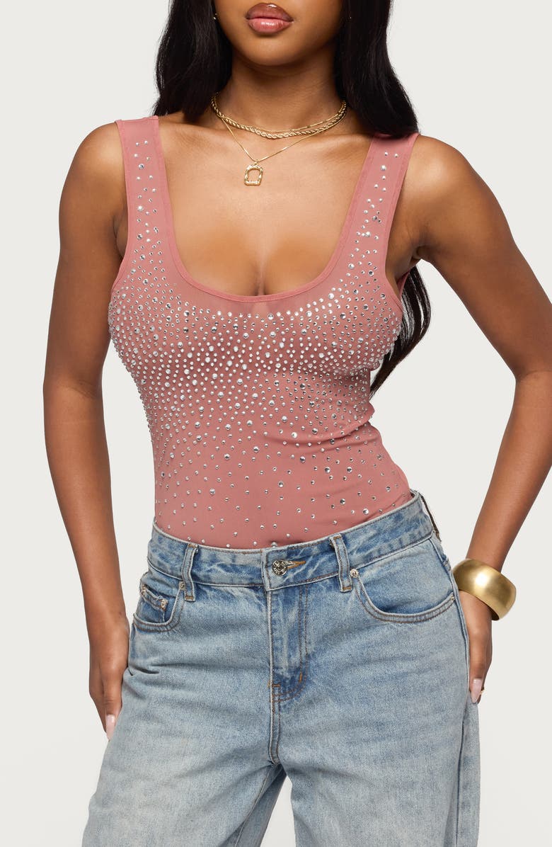 EDIKTED Angelita Embellished Mesh Tank, Main, color, Pink