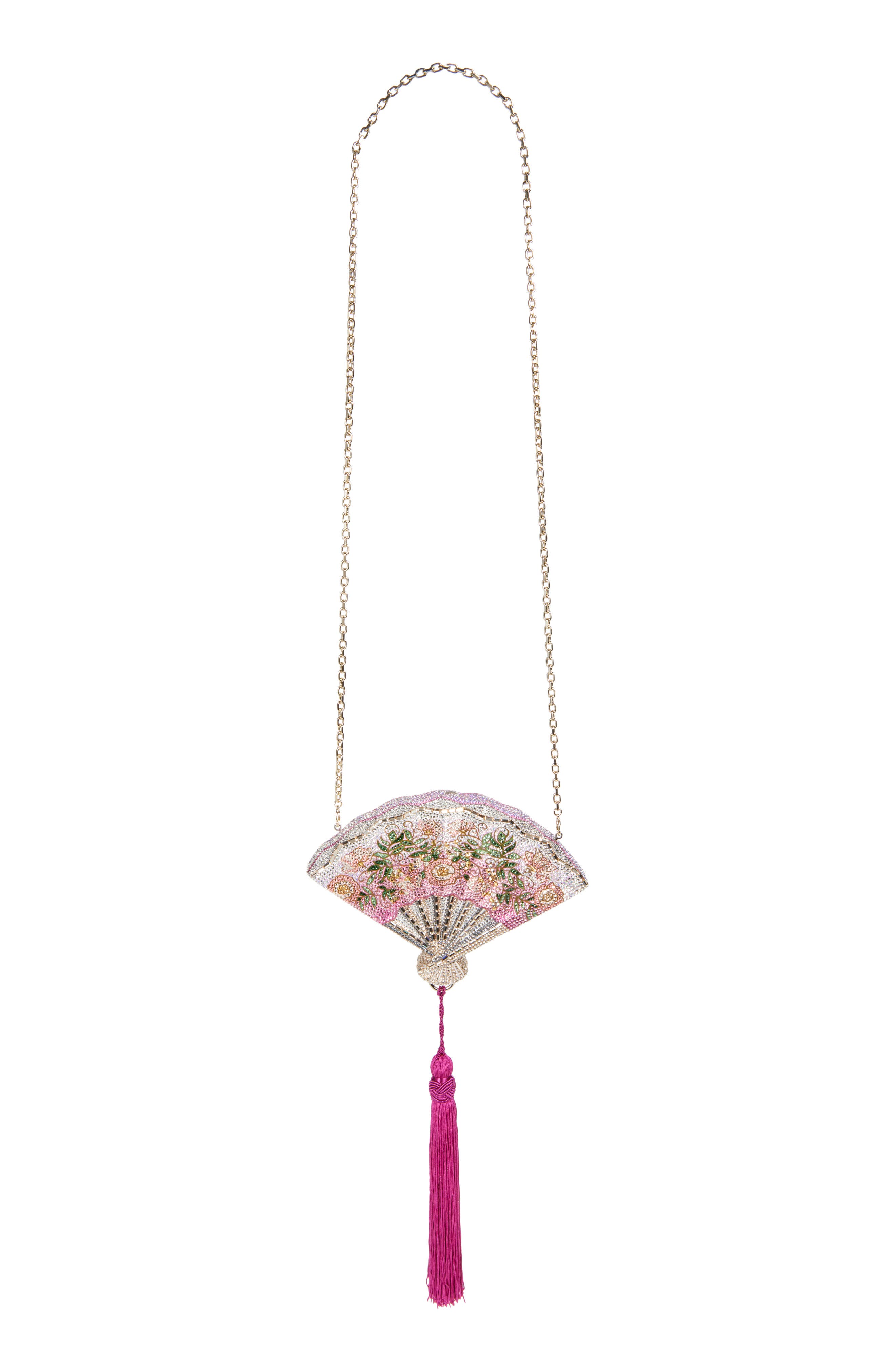 JUDITH LEIBER COUTURE Pink Blossoms Crystal Embellished Fan Clutch, Alternate, color, Silver Light Rose Multi