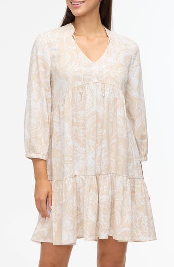 Ellen Tracy Floral Tiered Babydoll Dress In Beige Batik Floral