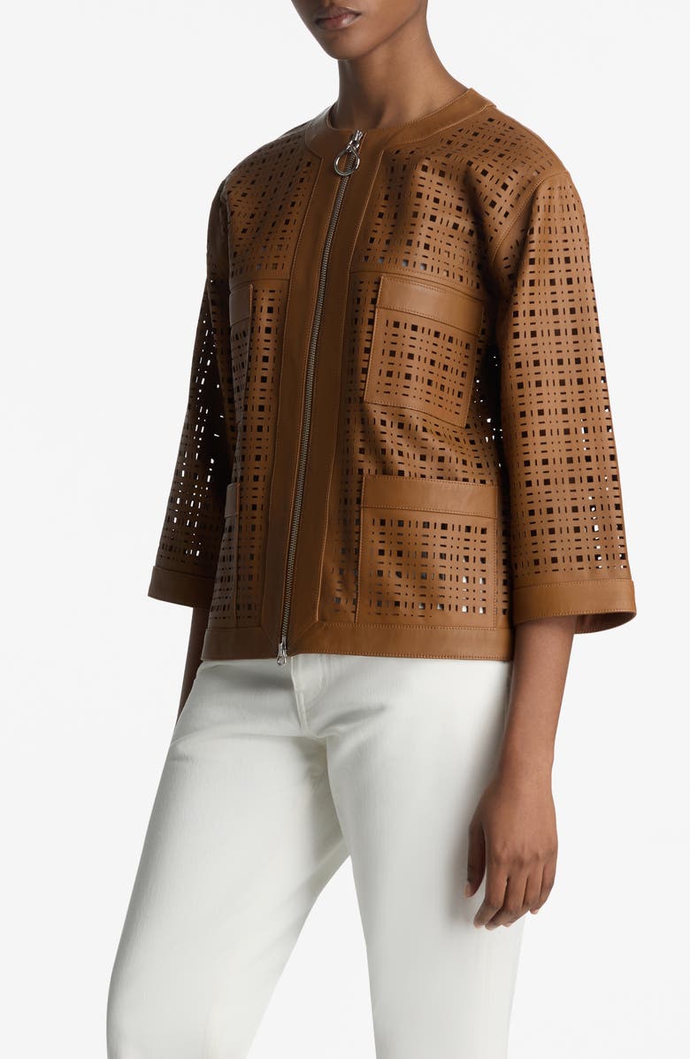 St. John Collection Laser Cut Leather Jacket, Alternate, color, 