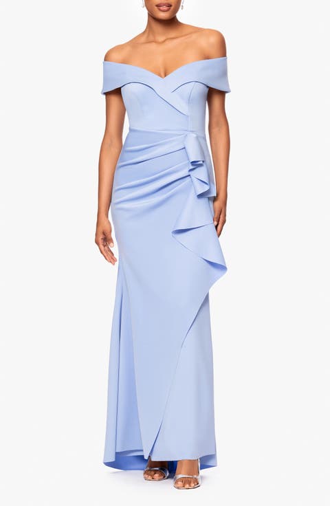 Off the Shoulder Ruffle Scuba Crepe Gown (Regular & Petite)