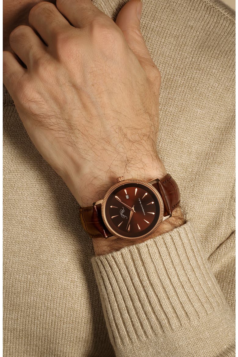 Veritas 2 Croc Embossed Leather Strap Watch, 40mm, Alternate, color, ROSE/ BROWN