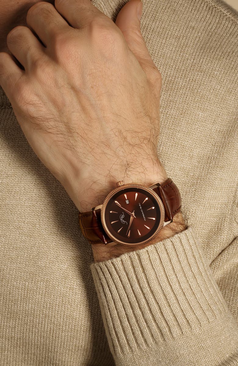 PORSAMO BLEU Veritas 2 Croc Embossed Leather Strap Watch, 40mm, Alternate, color, Rose/ Brown