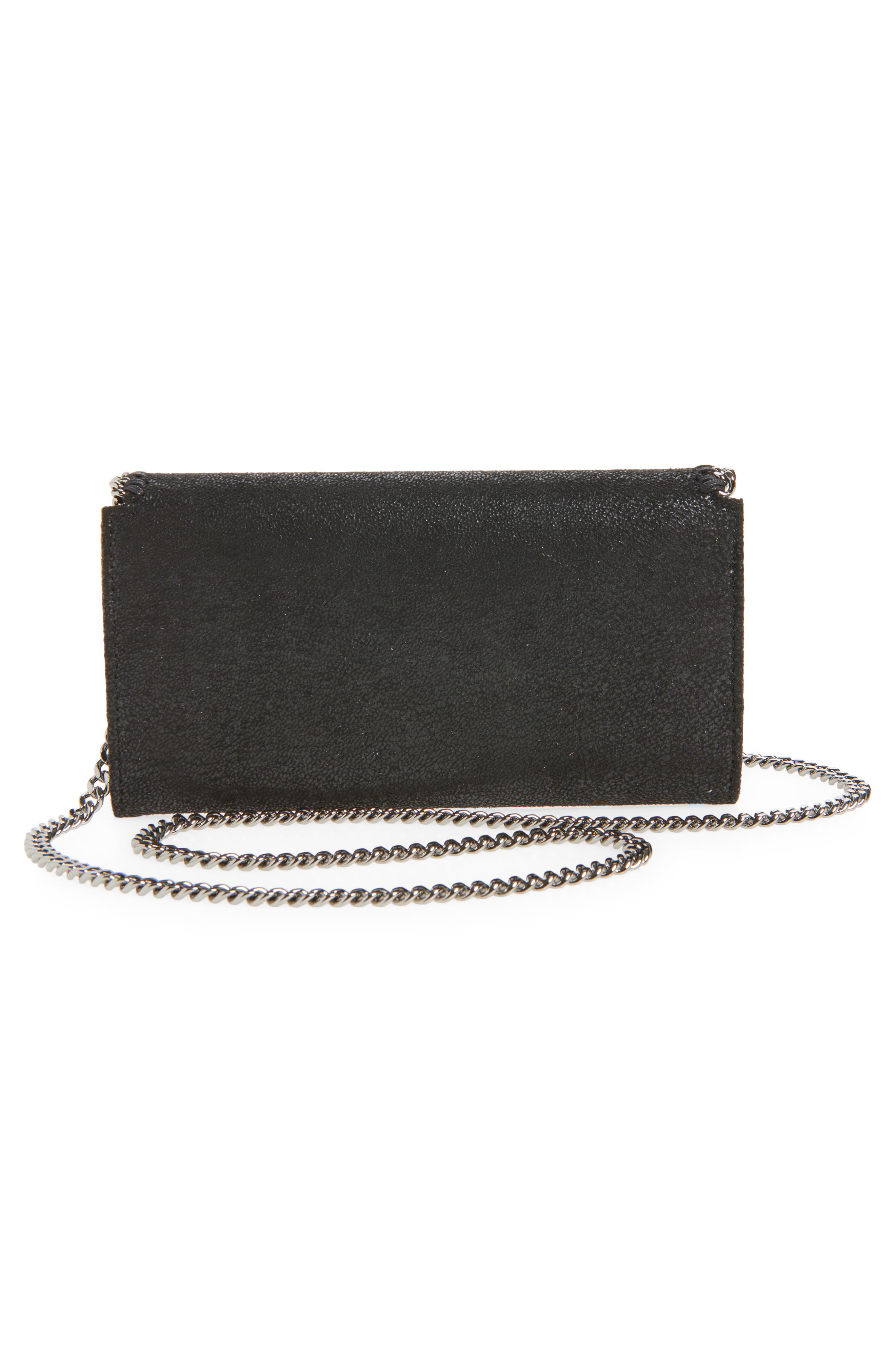 Falabella Shaggy Faux Leather Wallet on a Chain, Alternate, color, BLACK