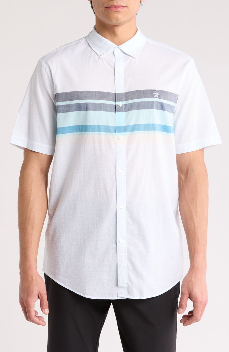 Original Penguin Lawn Chest Stripe Short Cotton Sleeve Button-Up Shirt, Main, color, Bright White