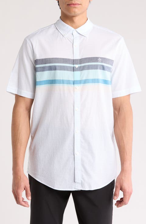 Lawn Chest Stripe Short Cotton Sleeve Button-Up Shirt