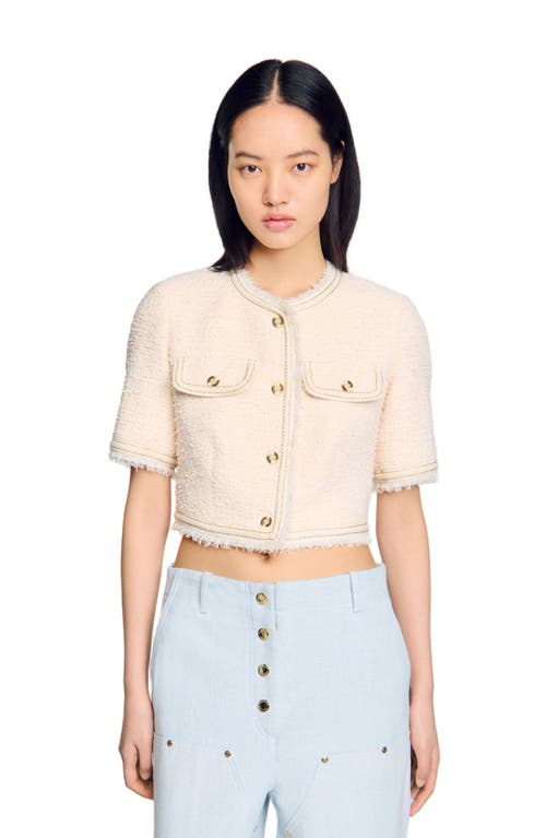 Sandro Short-sleeved Tweed Jacket In Ecru/pink